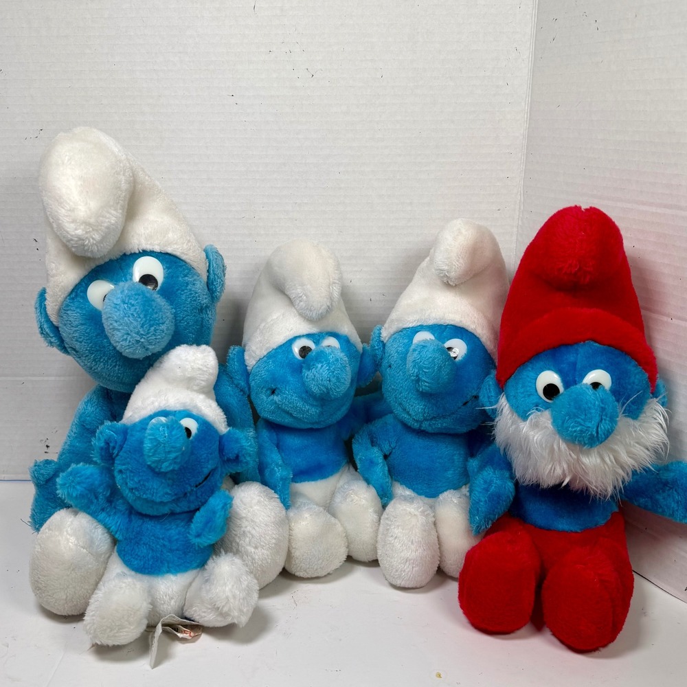 Vintage 1979 Smurfs Plush Lot of 5 Papa Smurf Peyo Korea 8-14 inch‎ Stuffed Toys